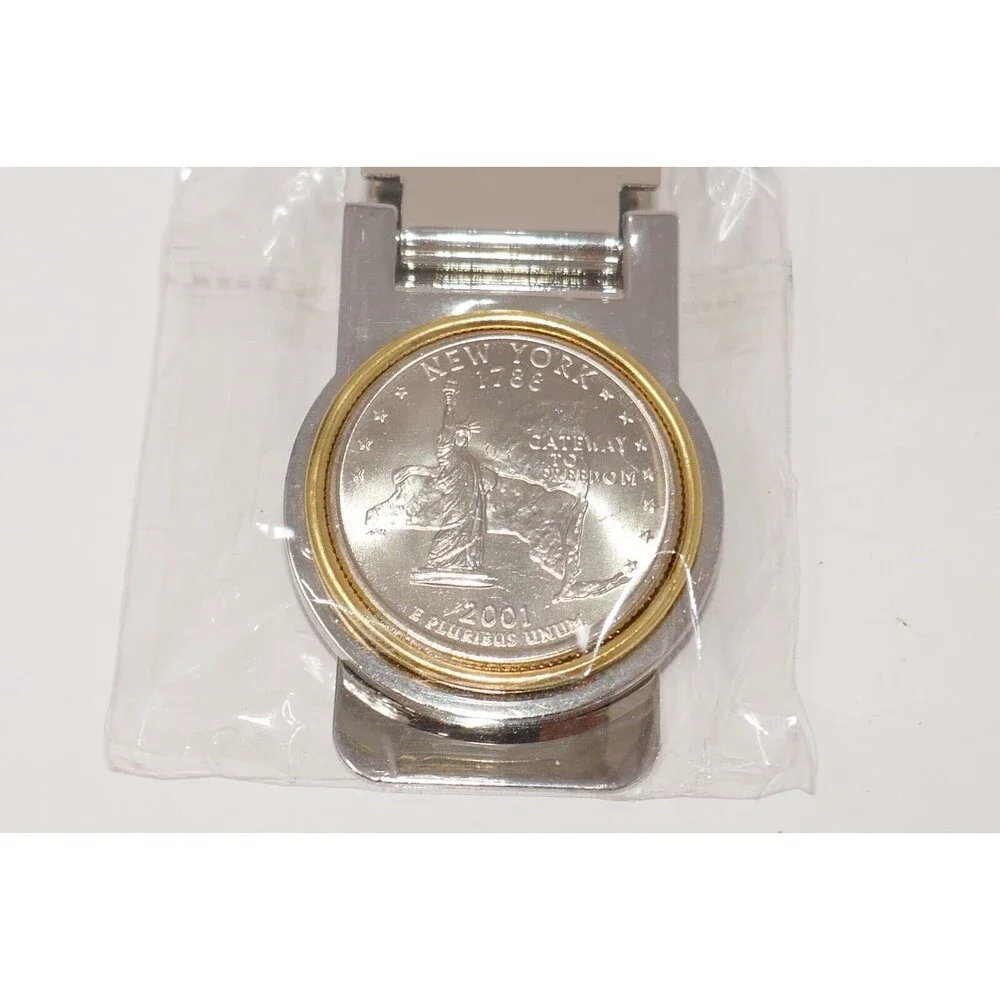 2001 New York Quarter Stainless Steel Gold Color Bezel Hinged Money Clip